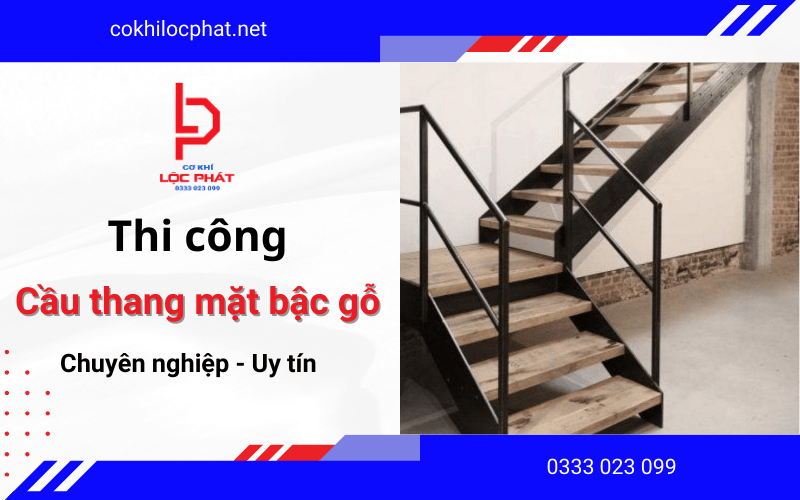 thi công cầu thang mặt bậc gỗ