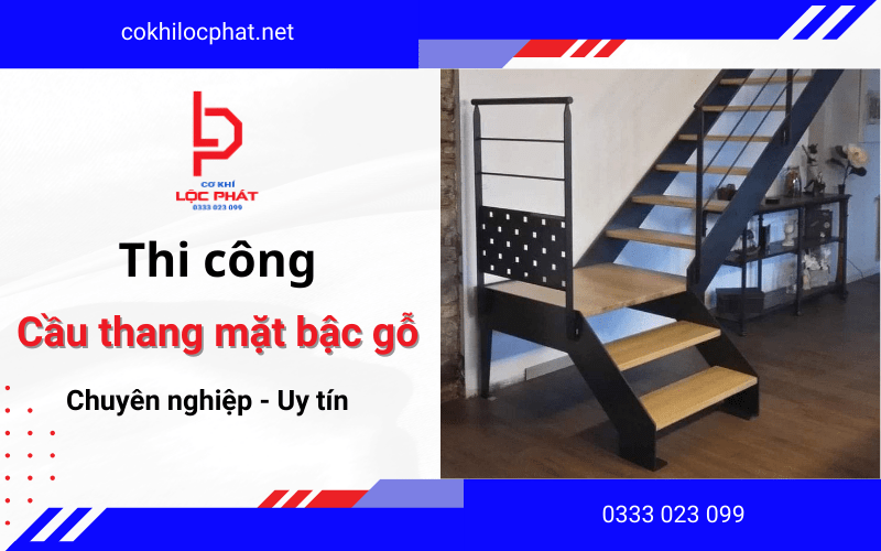 thi công cầu thang mặt bậc gỗ