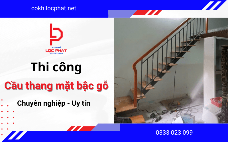 thi công cầu thang mặt bậc gỗ